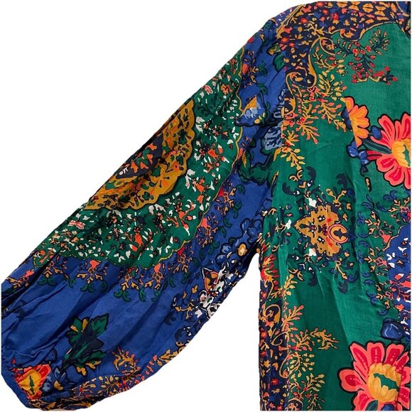 FARM RIO Green Tropical 100% Viscose Puff Sleeve Boho Blouse Sz S/P - Picture 6 of 8